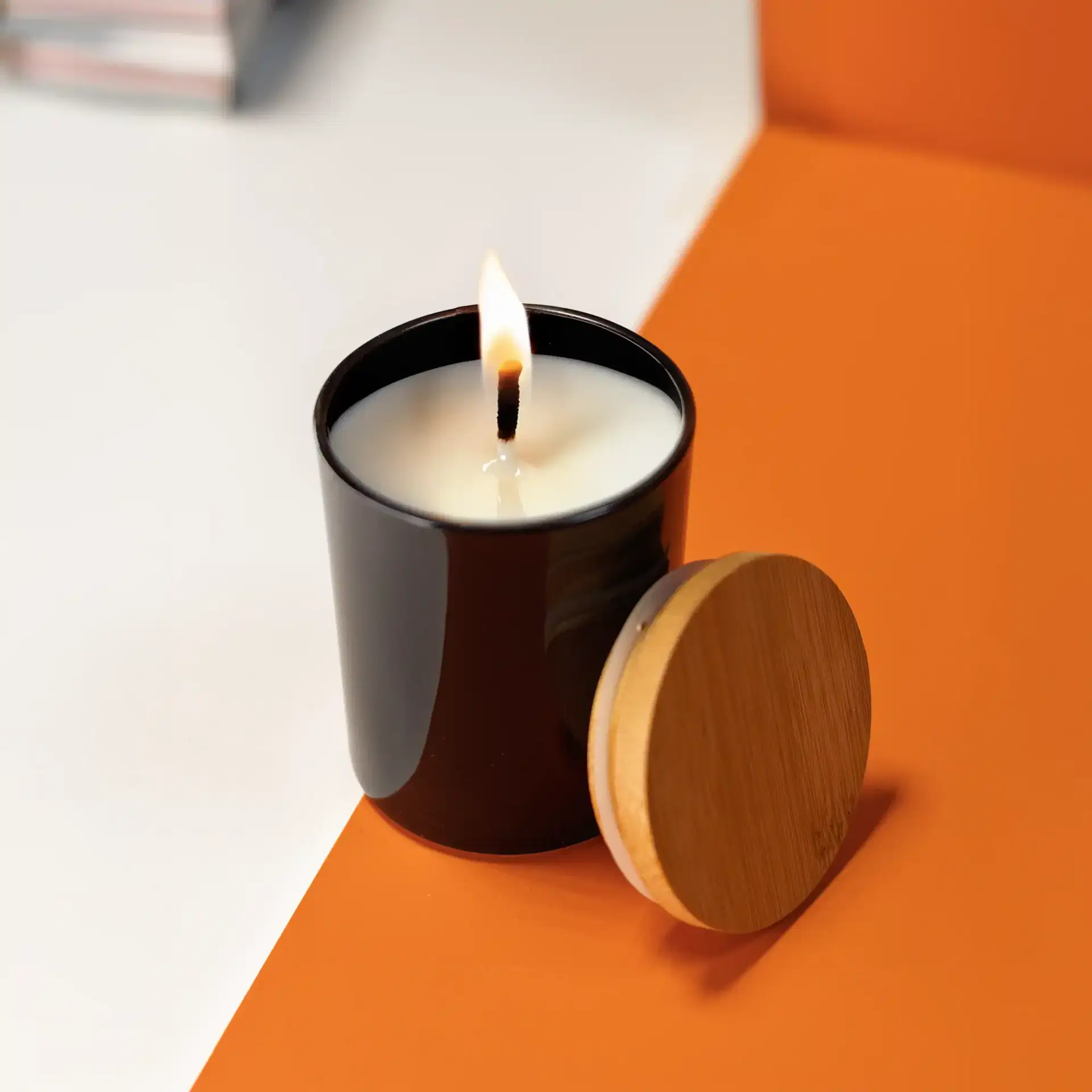 LUMORA | 11647BK Frosted Glass Scented Candle with Bamboo Lid Black