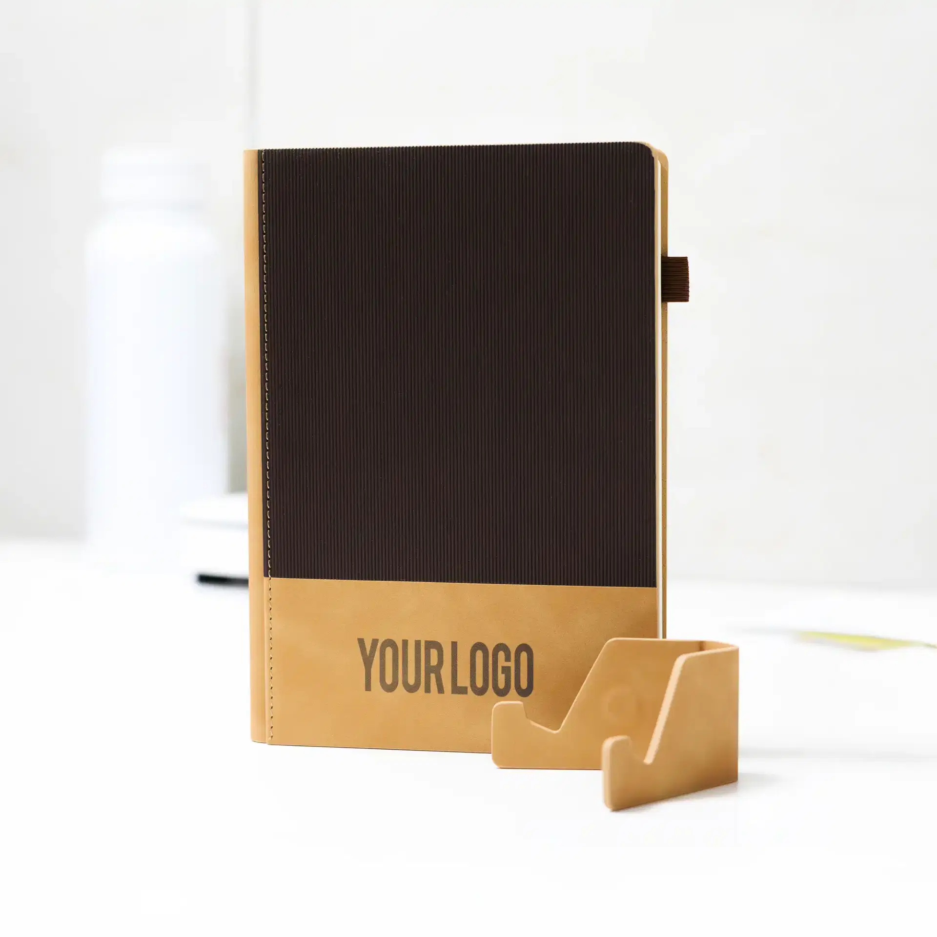 ZERIX | 11649BR Dual Tone A5 Notebook with Detachable Mobile Stand Brown - Image 4