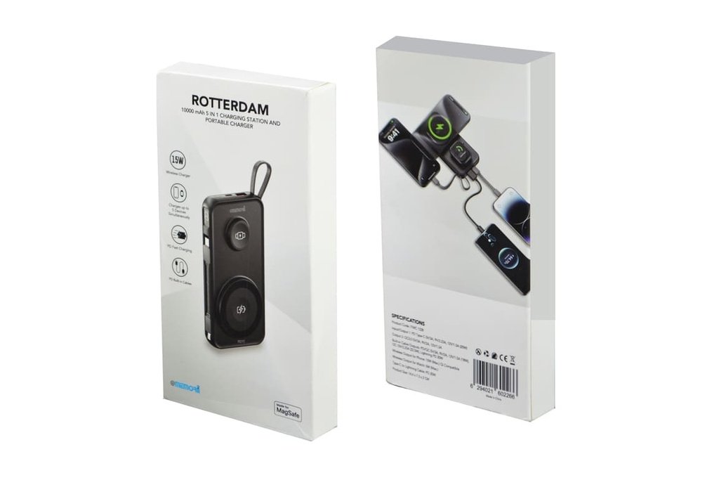 ROTTERDAM - @memorii® 10,000mAh Universal Wireless Powerbank with inbuilt cables - Black - Image 8