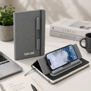 ZENRIX | 11642GR PU + RPET Look Notebook with Mobile Pen Holder Gray