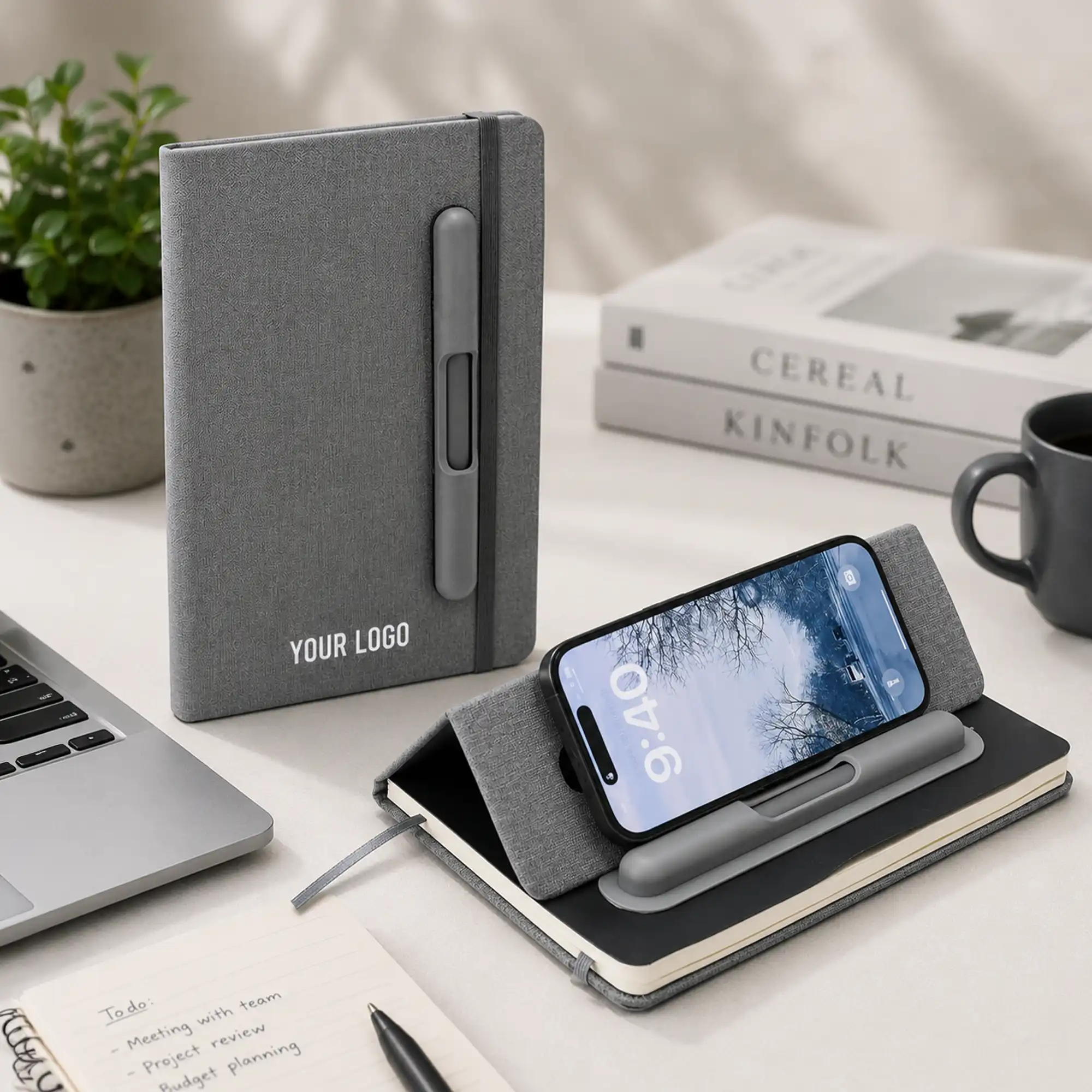 ZENRIX | 11642GR PU + RPET Look Notebook with Mobile Pen Holder Gray