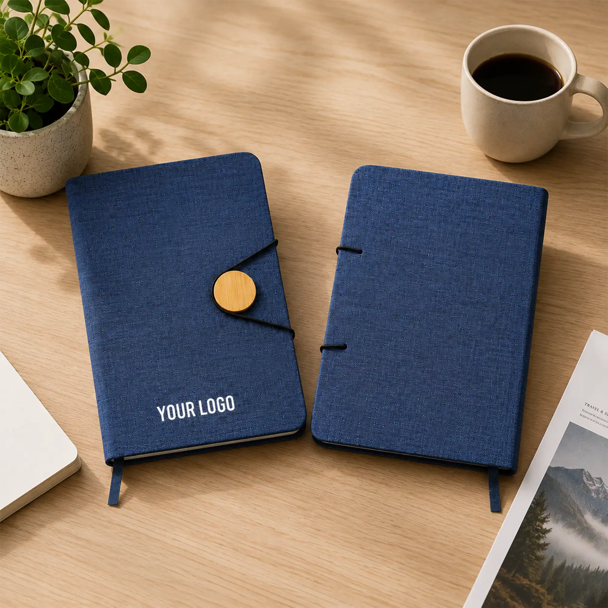 BAMBEG | 11641BL RPET + Bamboo Button Notebook – Dual-Tone Executive Journal Blue