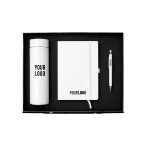 CIBRIX | GS-51WT Classic Notebook, Metal Pen & Stainless Bottle Corporate Gift Set White