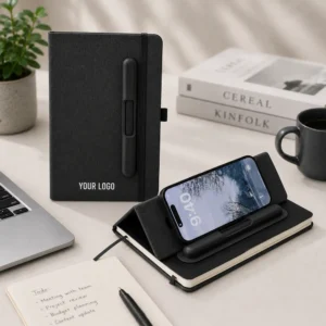 ZENRIX | 11642BK PU + RPET Look Notebook with Mobile Pen Holder Black