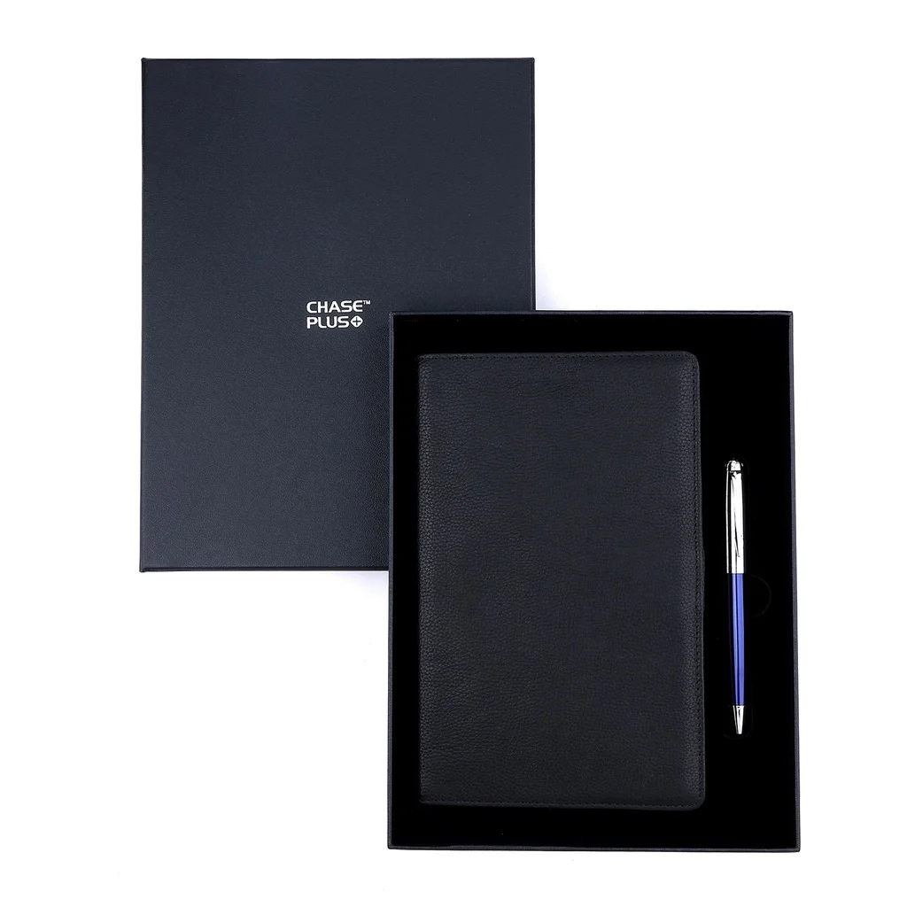 Business Gift Set-Domino Leather Covered Organizer and Libro Blue Chrome Pen
