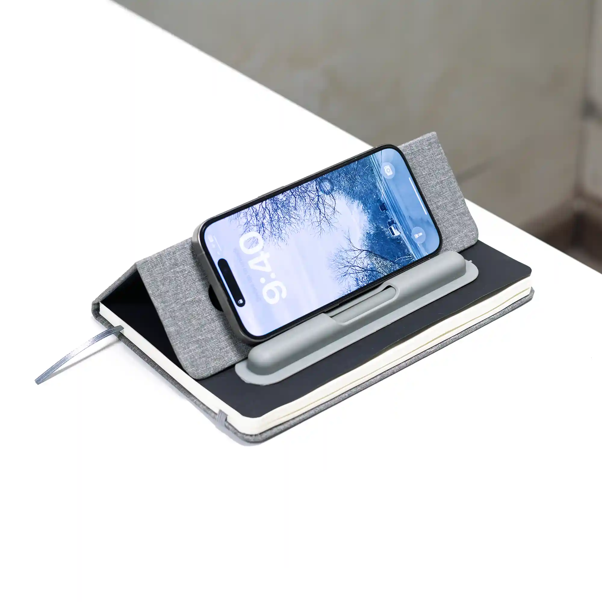 ZENRIX | 11642GR PU + RPET Look Notebook with Mobile Pen Holder Gray - Image 2