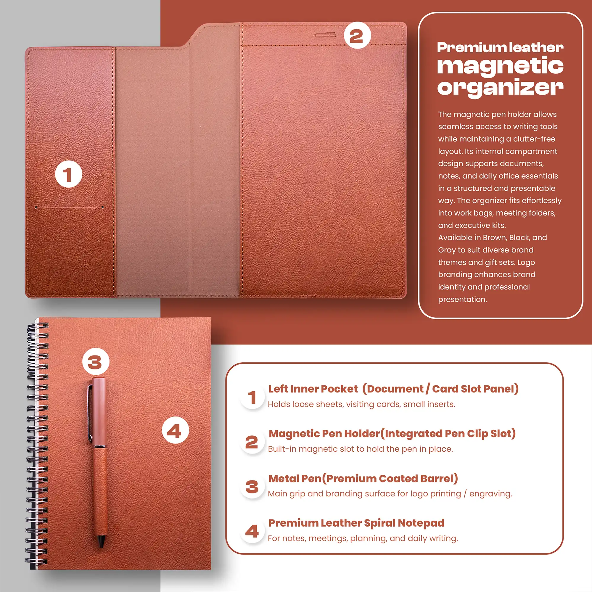 REXORA | 11653BR Maison Valer Executive Organizer with Magnetic Pen Holder Brown - Image 5