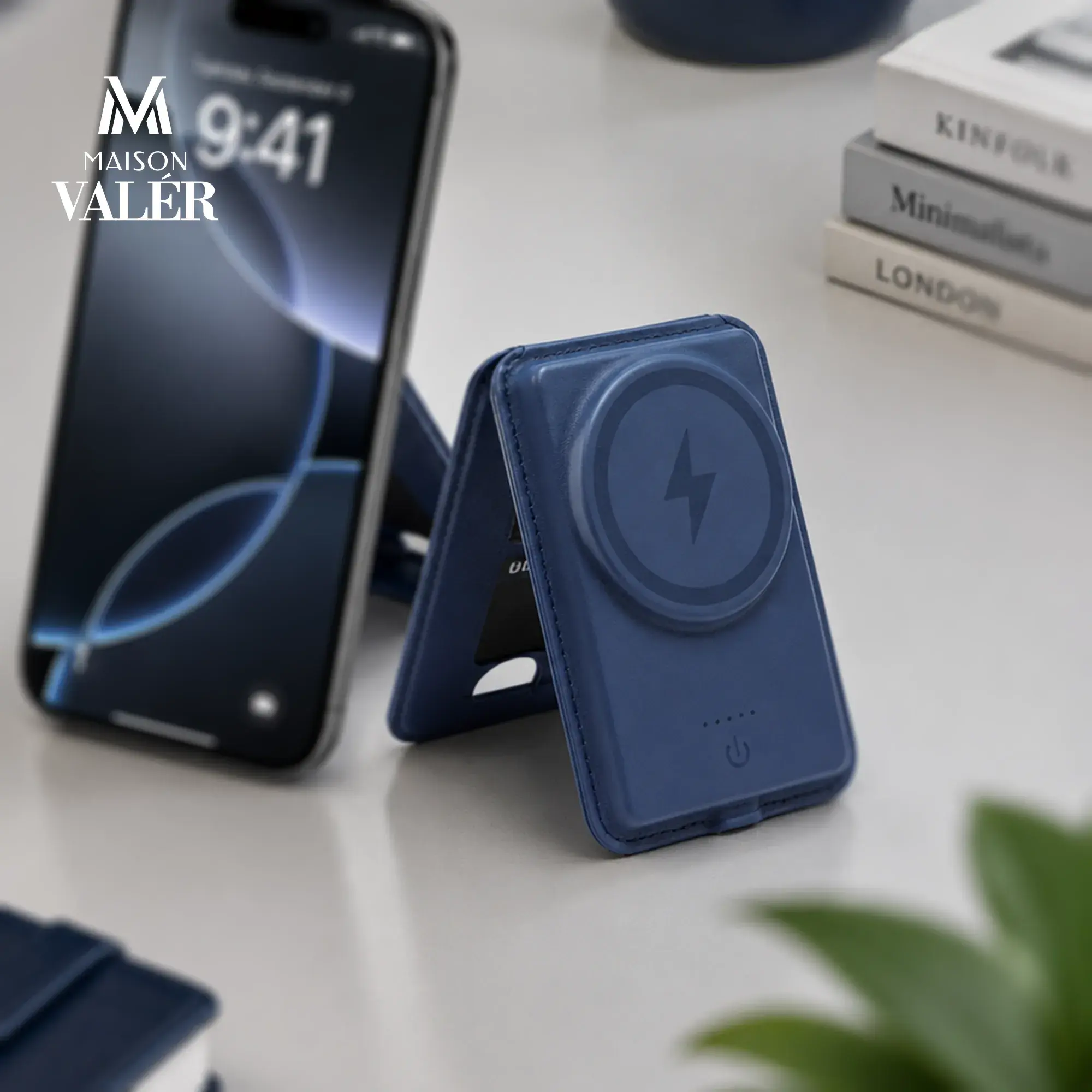 MagFoldra | 11655BL Maison Valer Magnetic Foldable Power Bank Wallet 5000mAh with Card Holder & Stand Blue